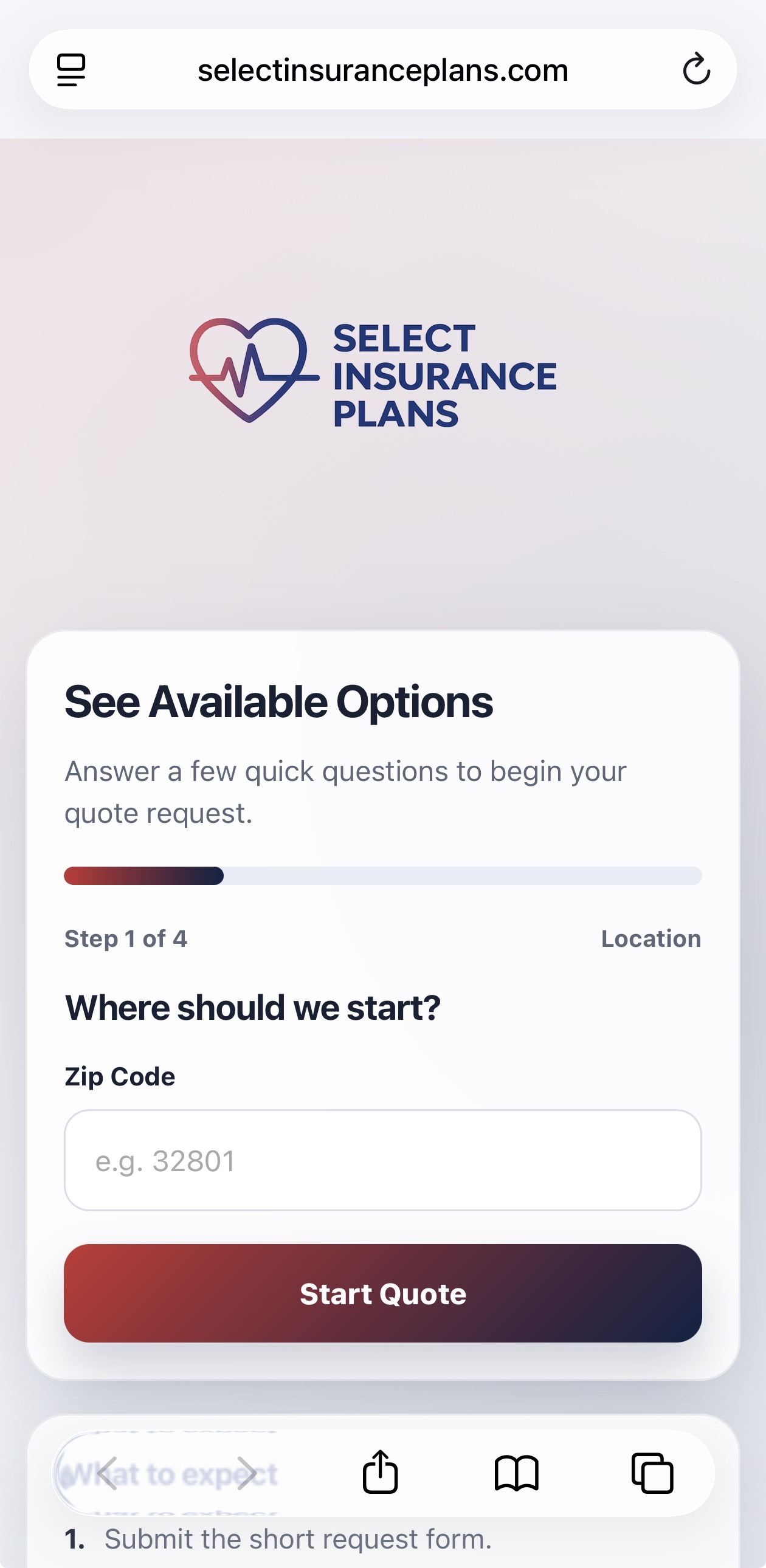 Select Insurance Plans mobile form screenshot